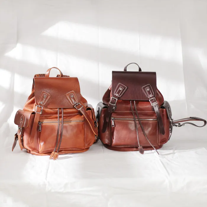 13" Vintage Womens Brown Leather Backpack Purse Laptop Book Bag for Women