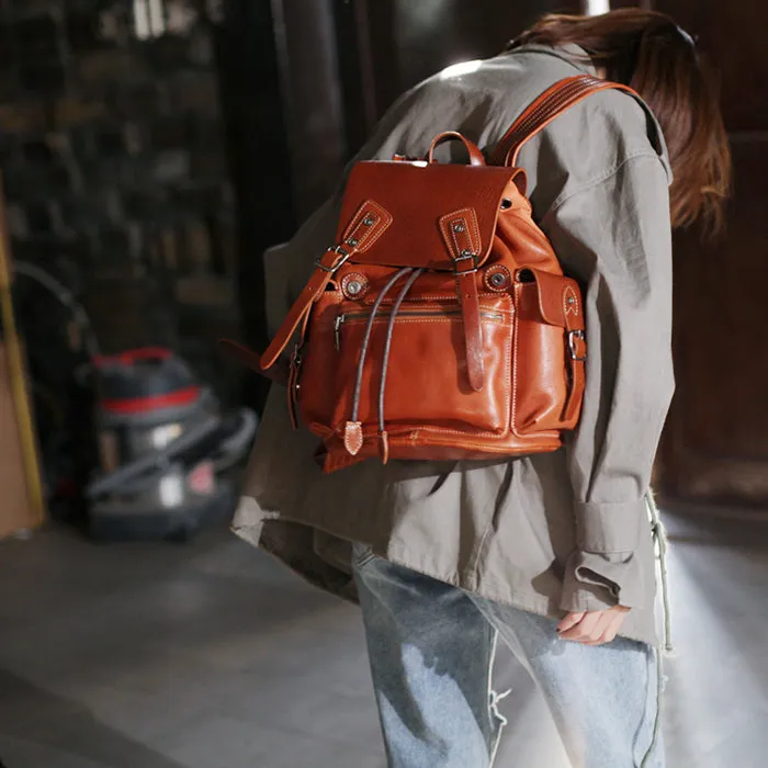 13" Vintage Womens Brown Leather Backpack Purse Laptop Book Bag for Women