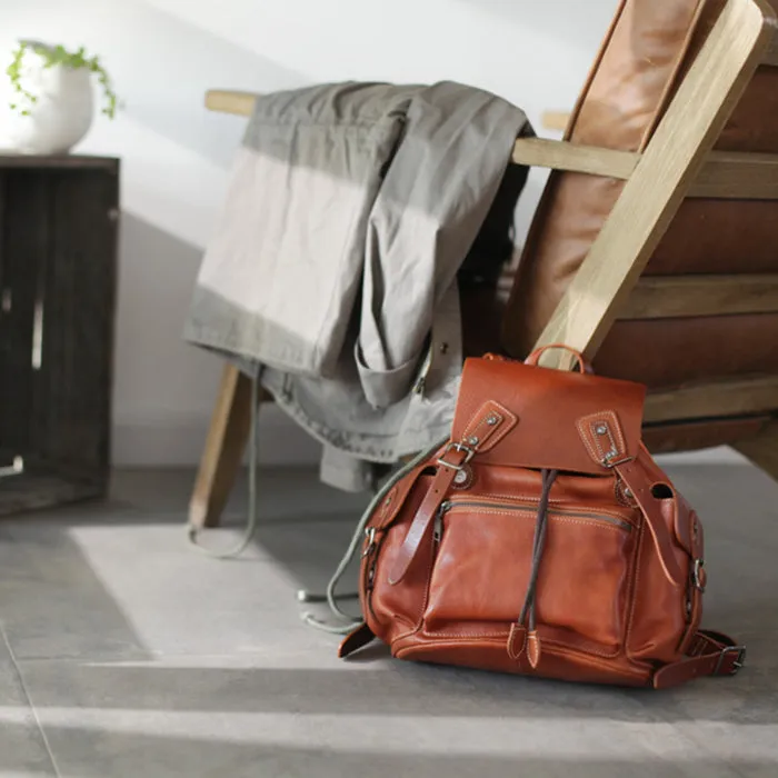 13" Vintage Womens Brown Leather Backpack Purse Laptop Book Bag for Women
