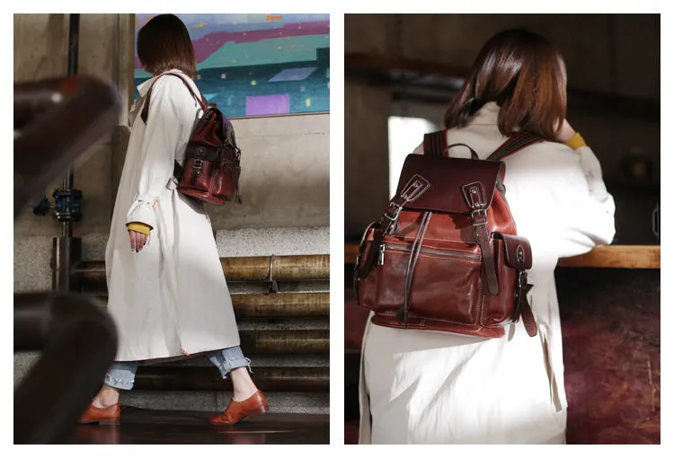 13" Vintage Womens Brown Leather Backpack Purse Laptop Book Bag for Women