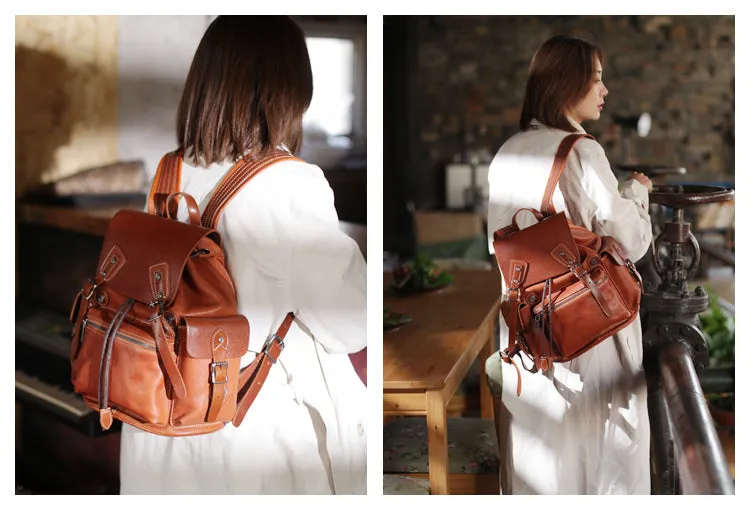 13" Vintage Womens Brown Leather Backpack Purse Laptop Book Bag for Women