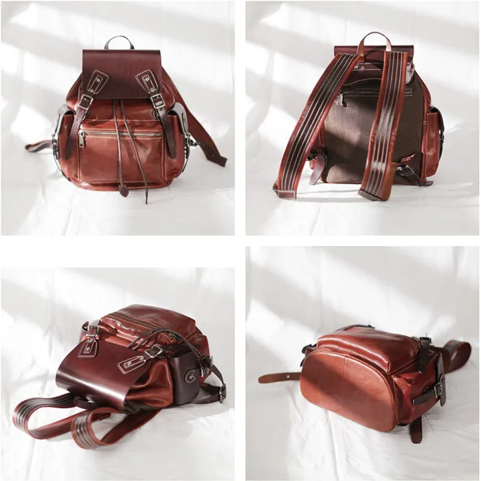 13" Vintage Womens Brown Leather Backpack Purse Laptop Book Bag for Women