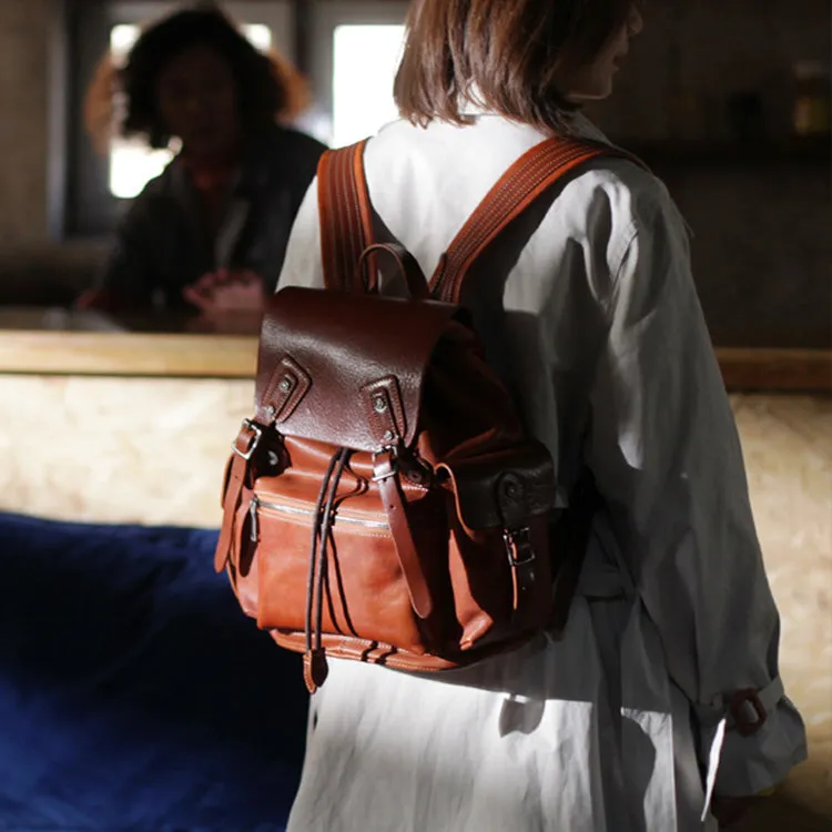 13" Vintage Womens Brown Leather Backpack Purse Laptop Book Bag for Women