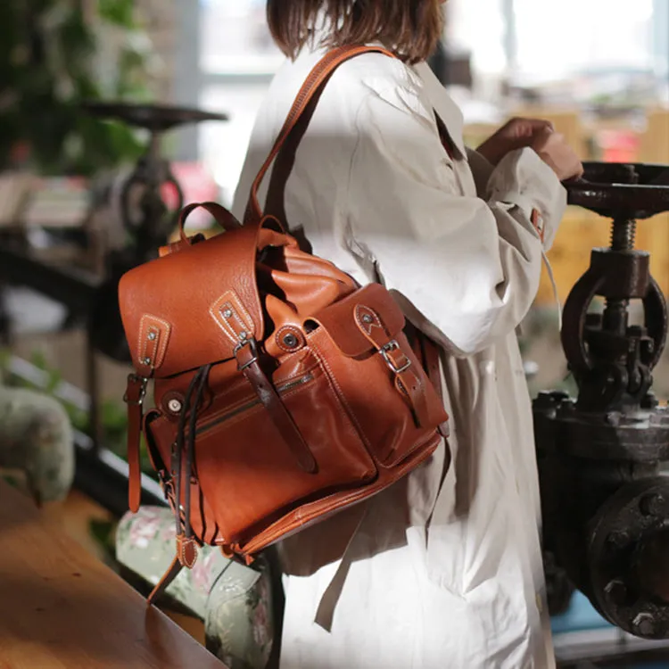 13" Vintage Womens Brown Leather Backpack Purse Laptop Book Bag for Women