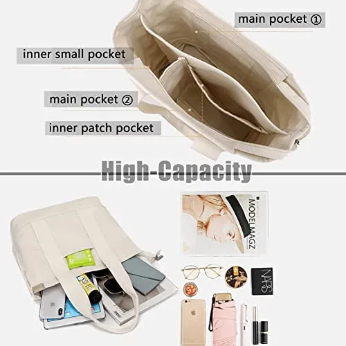 Canvas Tote Bag for Women with Multi-Pocket, Canvas Crossbody Tote Bag with Zipper, Women Shoulder Bag for Work, Travel-Large