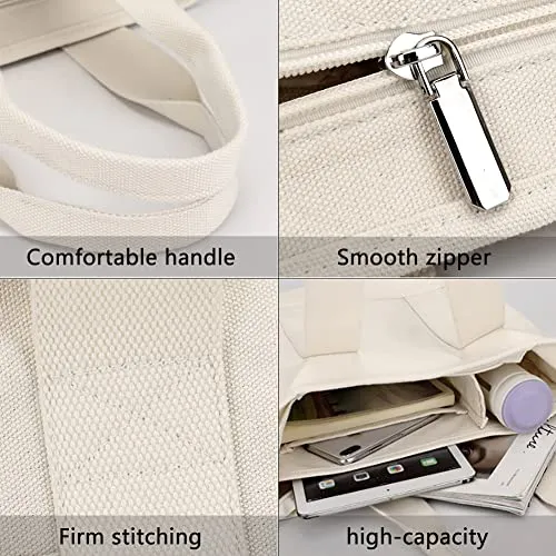 Canvas Tote Bag for Women with Multi-Pocket, Canvas Crossbody Tote Bag with Zipper, Women Shoulder Bag for Work, Travel-Large