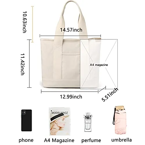 Canvas Tote Bag for Women with Multi-Pocket, Canvas Crossbody Tote Bag with Zipper, Women Shoulder Bag for Work, Travel-Large