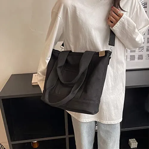 Canvas Tote Bag for Women with Multi-Pocket, Canvas Crossbody Tote Bag with Zipper, Women Shoulder Bag for Work, Travel-Large