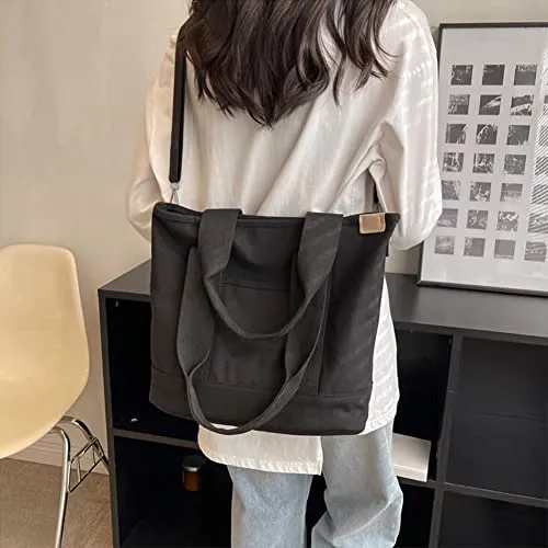 Canvas Tote Bag for Women with Multi-Pocket, Canvas Crossbody Tote Bag with Zipper, Women Shoulder Bag for Work, Travel-Large