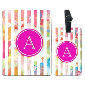 Customized Passport Cover and Luggage Tag Set - Colorful Pink Lines