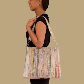 Multicolored Shimmery Striped Upcycled Handwoven Trapeze Tote (TT0125-007) PS_W