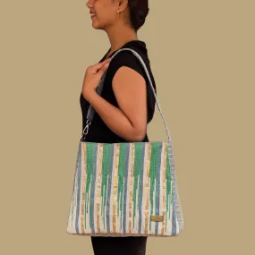 Multicolored Shimmery Upcycled Handwoven Designer Trapeze Tote (TTD0125-002) PS_W