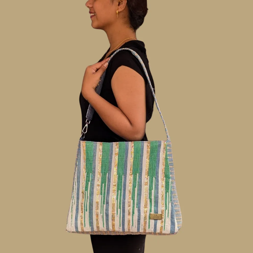 Multicolored Shimmery Upcycled Handwoven Designer Trapeze Tote (TTD0125-002) PS_W