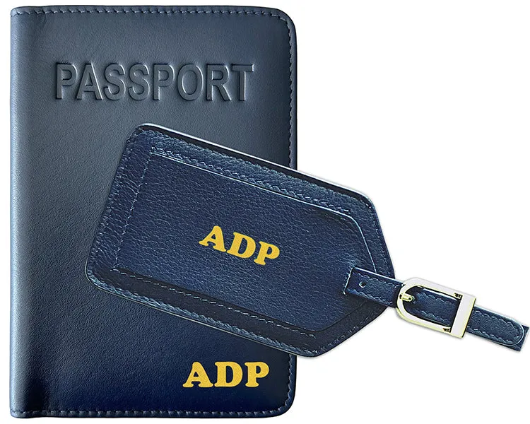 Personalized Monogrammed Leather RFID Passport Cover Holder and Luggage Tag
