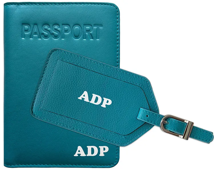 Personalized Monogrammed Leather RFID Passport Cover Holder and Luggage Tag