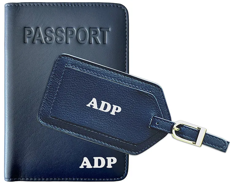 Personalized Monogrammed Leather RFID Passport Cover Holder and Luggage Tag