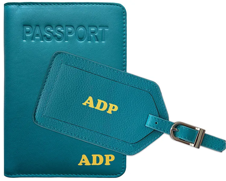 Personalized Monogrammed Leather RFID Passport Cover Holder and Luggage Tag