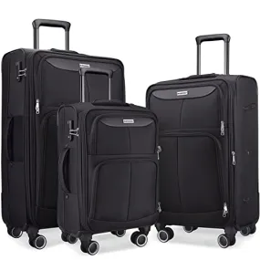 SHOWKOO 3 Piece Luggage Set Expandable with TSA Lock - Black