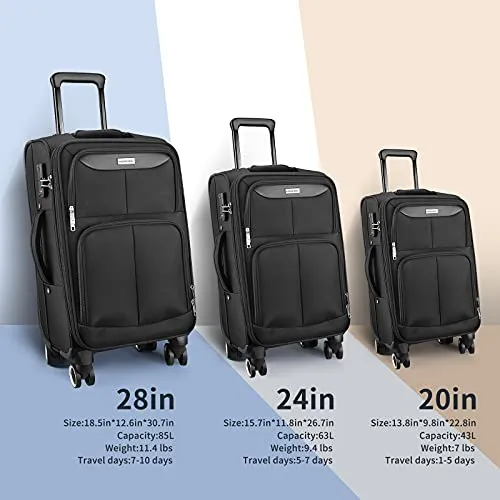 SHOWKOO 3 Piece Luggage Set Expandable with TSA Lock - Black