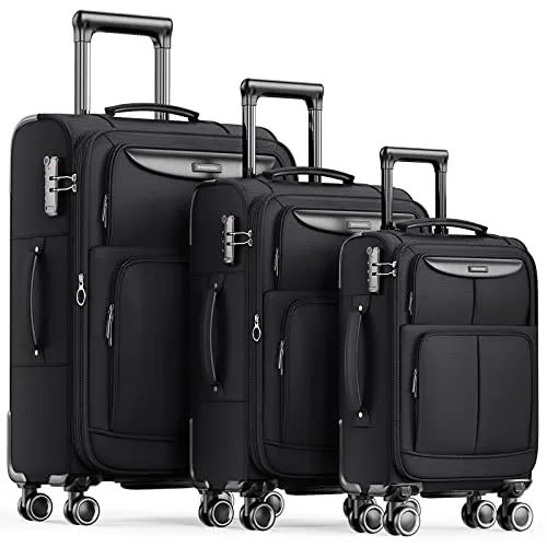 SHOWKOO Luggage Sets 3 Piece Softside Expandable Lightweight-Black