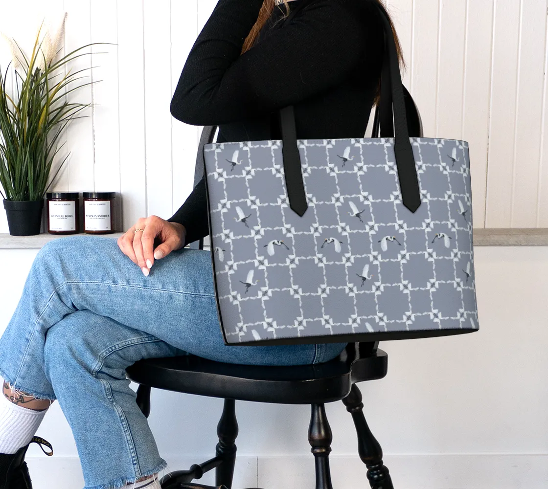 White Egret Check Vegan Leather Tote